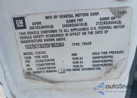 2005 Chevrolet Silverado 1500Hd Ls из США, поврежденный, VIN 1GCGC13U25F863364